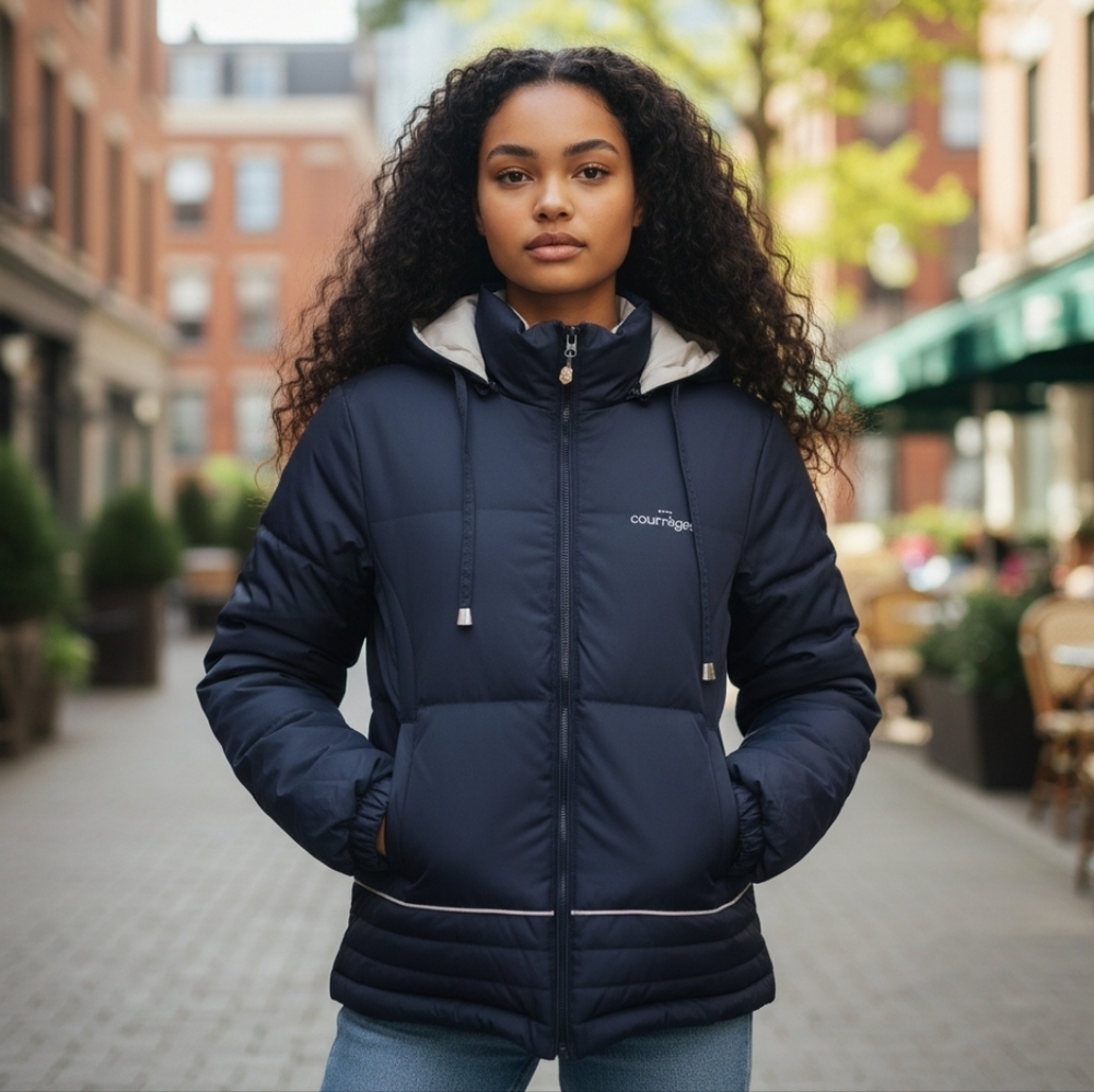 Courrèges Navy Down Puffer Jacket Women’s Size 2 Small Hooded Zip Winter Coat